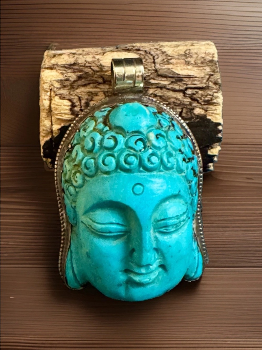 Vintage & Handmade Turquoise Color Ceramic,Silver Buddha Face Amulet Pendant 56g
